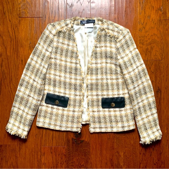 Zara Jackets & Blazers - Zara Tweed & Vegan Leather Blazer with Metallic Thread - Size S